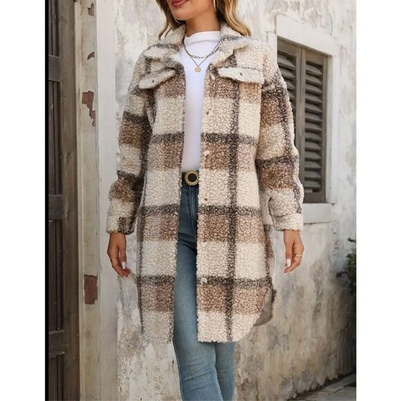 NWT Gorgeous Sz L Tan / Ivory Plaid Sherpa Teddy   Button Down Long Shirt Jacket - Picture 1 of 11